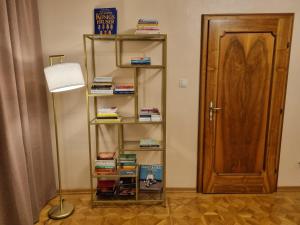 uma estante de livros com livros e um candeeiro e uma porta em Villa with private Sauna and Jacuzzi, 8 min from Schloss Schöbrunn em Viena