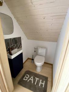 La salle de bains est pourvue de toilettes, d'un lavabo et d'un tapis. dans l'établissement Stodoła Drwęck, 