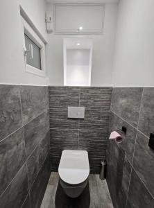 een badkamer met een wit toilet en een raam bij L'ÉTOILE AZ - vue lac - Sauna privé in Tresserves