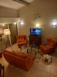 ein Wohnzimmer mit Sofas und einem Flachbild-TV in der Unterkunft Au cœur du Vallon de Laghet, Maison Indépendante in La Trinité