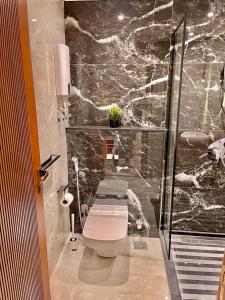 een marmeren badkamer met een toilet en een douche bij Sun gate house in Caïro