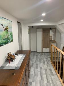 a kitchen with a counter and a painting on the wall at Chambre rustique avec double lit et sa salle de bain privée in Urbès