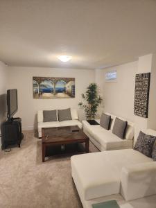 a living room with white couches and a tv at Cozy, Spacious 2 bdrm basement apartment with kitchenette, sleeps up to 5 in Brampton