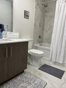 a bathroom with a toilet and a tub and a sink at Cozy, Spacious 2 bdrm basement apartment with kitchenette, sleeps up to 5 in Brampton