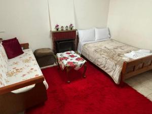 1 dormitorio con 2 camas y alfombra roja en Georgaras Accommodation, en Platanoússa