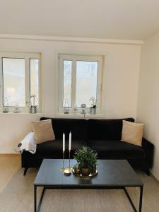 ein Wohnzimmer mit einem schwarzen Sofa und einem Tisch in der Unterkunft Leilighet ved Slottsfjellet in Tønsberg