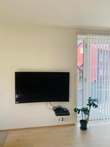 een flatscreen-tv aan een muur in een woonkamer bij Leilighet ved Slottsfjellet in Tønsberg