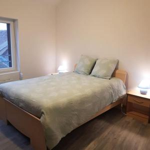 a bedroom with a bed with two lamps and a window at Chez Nino wifi gratuit in Beaulieu-sur-Loire