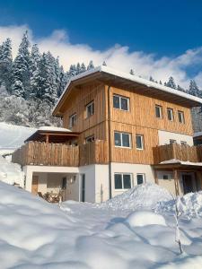 une grande maison en bois dans la neige avec des arbres dans l'établissement Appartement Naturbunt, à Söll