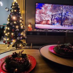 Drzewo świąteczne w salonie z dwoma talerzami jedzenia w obiekcie Shpetim's Apartment w Prisztinie