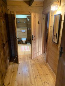 Pokój z drewnianą podłogą i łazienką z toaletą. w obiekcie Biesówka w Wetlinie