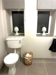 a bathroom with a toilet and two windows and a basket at Foyleview Villa in Derry Londonderry