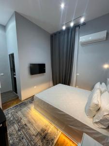 een slaapkamer met een bed en een flatscreen-tv bij Paris east in Caïro