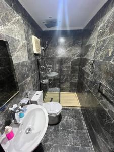 een badkamer met een wastafel, een toilet en een douche bij Paris east in Caïro