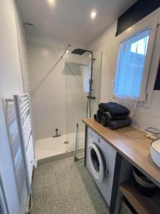 une salle de bain avec douche et machine à laver dans l'établissement Les Lucioles Fort-Mahon Plage, à Fort-Mahon-Plage