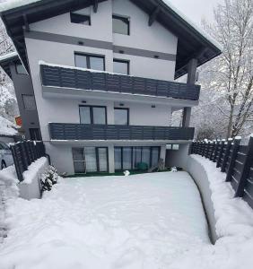 a house with snow in front of it at Cozy Apartman in Leisbach 