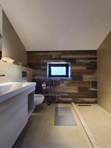 een badkamer met een toilet en een tv aan de muur bij Lady and Bear GH 