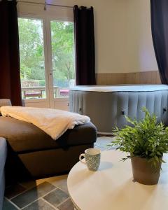 una sala de estar con una taza de café sobre una mesa en Le clos mirélie, en Gaujac