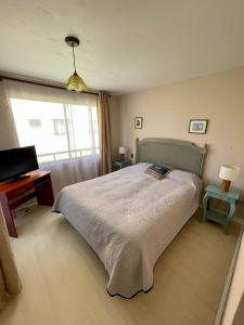 a bedroom with a bed and a desk and a television at QVEM Propiedades in La Serena
