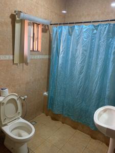 a bathroom with a toilet and a blue shower curtain at Tivoli Residence & Hotels in Lagos