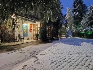 uma rua coberta de neve em frente a um edifício em Park Hotel Amfora em Sófia