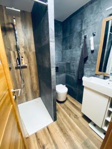 een badkamer met een douche, een toilet en een wastafel bij Cozy Apt Near Prague Castle in Praag