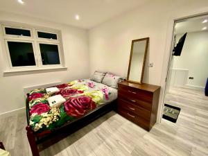 a bedroom with a bed with a dresser and a mirror at Lovely One bed apartment In London in London