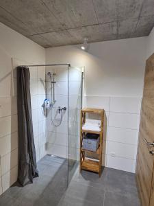 een badkamer met een douche en een glazen douchecabine bij Hajdar & Adem 1 in Mattighofen