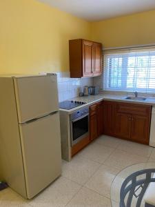 kuchnia z białą lodówką i drewnianymi szafkami w obiekcie Studio flat w mieście Montego Bay