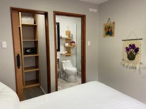 a bedroom with a bathroom with a toilet and a mirror at Cabañas Bosque Austral in Punta Arenas