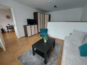 - un salon avec un canapé et une table dans l'établissement Garden House Novi Sad, à Novi Sad