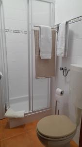 a bathroom with a shower and a toilet and towels at Na Rota - Casa de Praia in Zambujeira do Mar