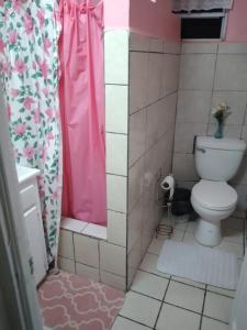 e bagno con servizi igienici e tenda doccia rosa. di Hilltop View Guesthouse a Castries