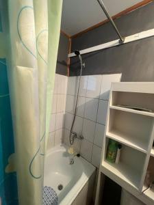 y baño con cortina de ducha, lavabo y bañera. en cabaña Wenu Mapu queule, en Queule