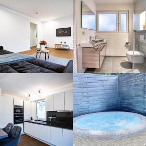 een collage van drie foto's van een hotelkamer bij Whirlpool - zentral - Designloft mit XXL Terrasse in Wiesbaden