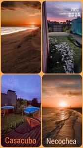 um grupo de quatro fotos de uma praia ao pôr do sol em Casacubo Necochea em Necochea