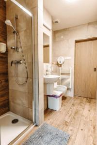 een badkamer met een douche, een wastafel en een toilet bij BILÍKOVA CHATA - Horský hotel in Stary Smokovec