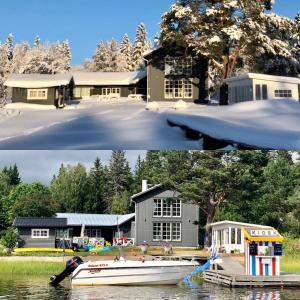 duas fotos de uma casa e um barco na água em Lägenhet med sjötomt. Vildmark i tätort. em Umeå