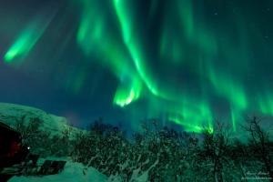 una imagen de la aurora boreal en el cielo en Ami Hotel en Tromsø
