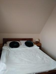 Una cama con dos almohadas verdes encima. en Oaza Huzele en Hużele