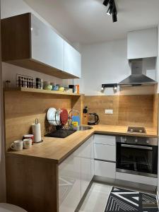 ビイェラシュニツァにあるBjelasnica studio apartmentのキッチン(白いキャビネット、木製カウンタートップ付)