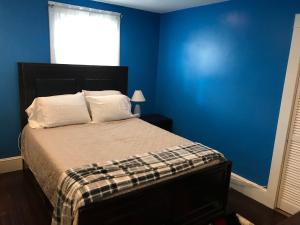 a bedroom with a bed with blue walls and a window at Mount Pleasant Hideaway in Providence