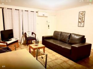 a living room with a leather couch and a tv at Paddys Golden Patch in Boulder