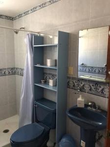 La salle de bains est pourvue de toilettes bleues et d'un lavabo. dans l'établissement Departamento en el centro de boca del rio, à Boca del Río