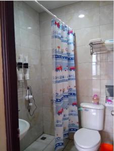 a bathroom with a toilet and a shower curtain at 金蘭小築民宿 in Zhuqi