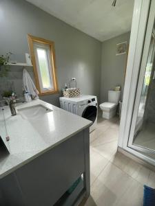 a bathroom with a sink and a washing machine at Casa en Lago Ranco in Ignao