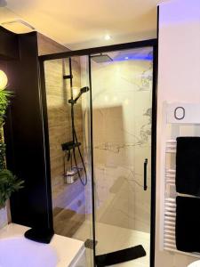 a shower with a glass door in a bathroom at Suite Dream by Need'Amour in Pontault-Combault