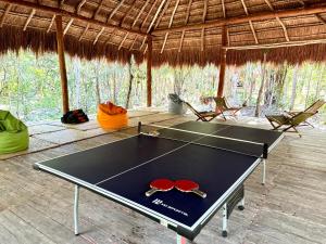 a ping pong table with sunglasses on top of it at Bunga Lotus Glamping - Otoch Nacom in Tulum