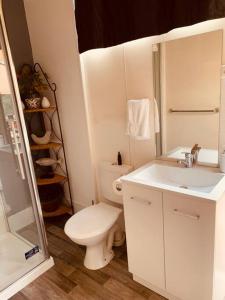 a white bathroom with a toilet and a sink at The Garden Cottage Pet Friendly in Renmark