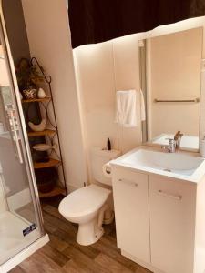 ein weißes Badezimmer mit Toilette und Waschbecken in der Unterkunft The Garden Cottage Pet Friendly in Renmark